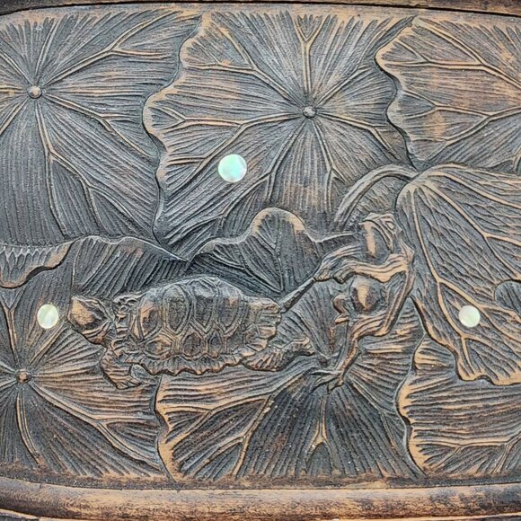 Chinese Carved Wooden Tray Lotus Leaves Frog Pulling Turtle Leg VTG Inlay - Picture 1 of 9